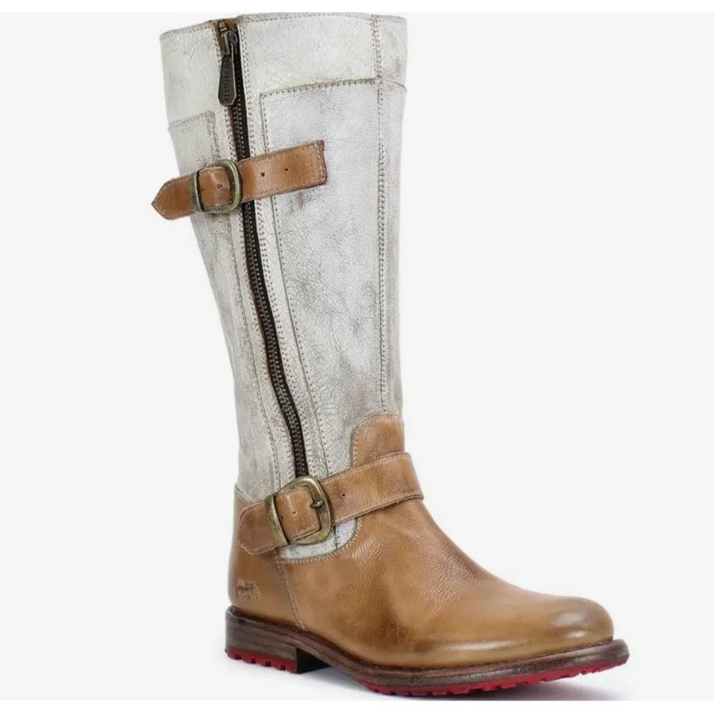 BED‎ STU NIB Gogo Distressed Leather Mid-Calf Boots 8.5 Brown White